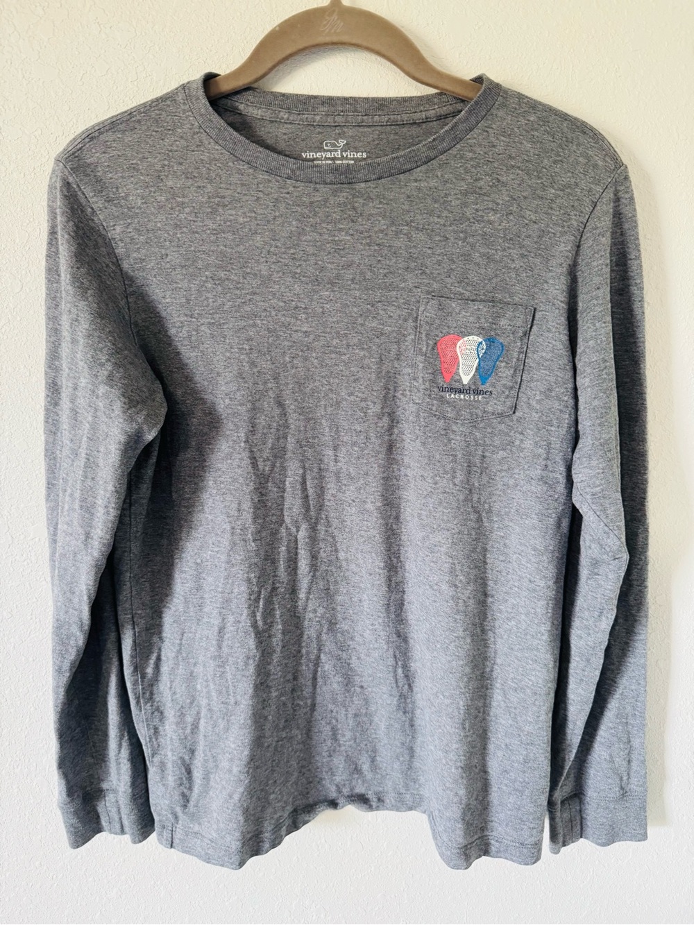Vineyard Vines Gray Kids Long-Sleeve Pocket Tee with Multicolor Heart Embroidery
